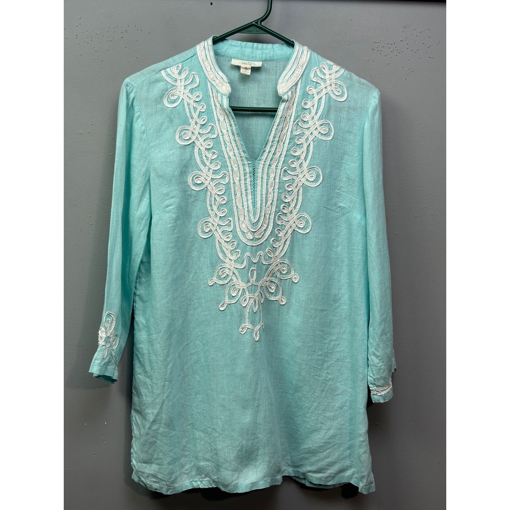 Charter Club Tunic Women M Aqua‎ Blue Linen Luxury Embroidered Sequin Boho Top